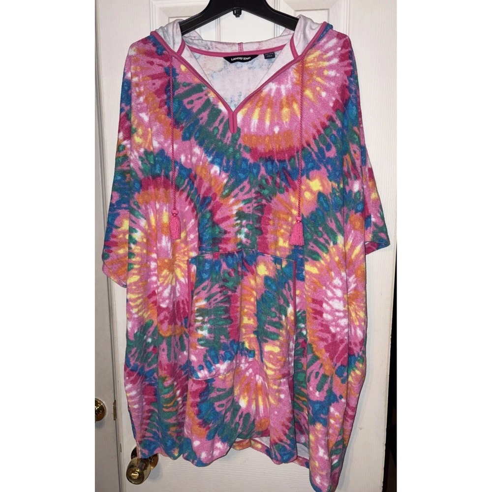 Lands End 1X 2X Terrycloth Hoodie Swim Beach Cover Up Tie Dye Pockets Pink Multi